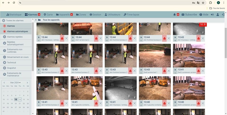 Application de gestion des intrusions de chantier : les alertes s'affichent en vignettes horodatées avec le nom du détecteur