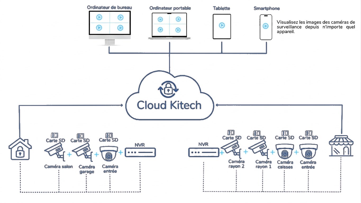 Schéma du cloud Kitech : une maison et un commerce équipés de caméras avec cartes SD et enregistreur remontent vers le cloud, consultable depuis un ordinateur, une tablette ou un smartphone